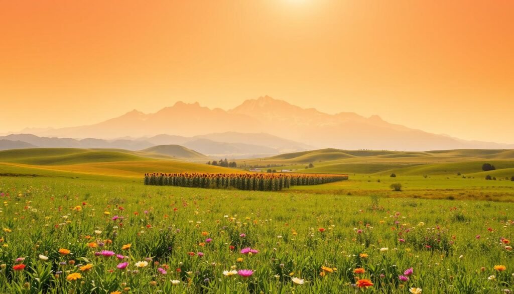 A sun-drenched landscape in Argentina during the vibrant summer months. In the foreground, lush, verdant meadows dotted with colorful wildflowers sway gently in a soft breeze. In the middle ground, rolling hills dressed in shades of green and gold, with the occasional patch of sunflowers reaching towards the sky. Towering, snow-capped peaks rise majestically in the background, their rugged beauty contrasted by the warm, hazy atmosphere. Soft, diffused lighting bathes the scene, creating a serene, inviting atmosphere that captures the essence of an Argentine summer. The image is captured through a wide-angle lens, allowing the viewer to fully immerse themselves in the expansive, picturesque panorama. A sun-drenched landscape in Argentina during the vibrant summer months. In the foreground, lush, verdant meadows dotted with colorful wildflowers sway gently in a soft breeze. In the middle ground, rolling hills dressed in shades of green and gold, with the occasional patch of sunflowers reaching towards the sky. Towering, snow-capped peaks rise majestically in the background, their rugged beauty contrasted by the warm, hazy atmosphere. Soft, diffused lighting bathes the scene, creating a serene, inviting atmosphere that captures the essence of an Argentine summer. The image is captured through a wide-angle lens, allowing the viewer to fully immerse themselves in the expansive, picturesque panorama.