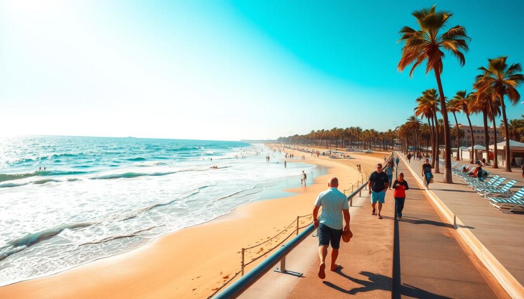 A sun-drenched sandy beach in Buenos Aires, Argentina, with azure waves lapping at the shore. In the foreground, beachgoers stroll along the promenade, enjoying the warm coastal breeze. The middle ground features sun loungers and umbrellas dotting the beach, while in the distance, a row of palm trees sway gently. The scene is bathed in a golden glow, captured through a wide-angle lens that emphasizes the expansive, picturesque nature of this iconic Buenos Aires beach destination. The overall mood is one of relaxation, leisure, and the quintessential coastal experience that draws visitors to this vibrant region of Argentina.