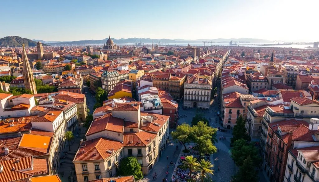 A sweeping aerial view of Barcelona's iconic neighborhoods, bathed in warm Mediterranean light. Vibrant terracotta rooftops, narrow winding streets, and the graceful curves of Modernist architecture create a captivating urban tapestry. In the foreground, the quaint alleyways and plazas of a historic district brim with local life - pedestrians, outdoor cafes, and the occasional church spire piercing the skyline. The middle ground reveals the grand boulevards and tree-lined avenues of the Eixample, Gràcia, and Sants-Montjuïc districts, their buildings adorned with distinctive Catalan style. In the distance, the undulating hills and the shimmering waters of the harbor paint a breathtaking backdrop, hinting at Barcelona's coastal setting. This comprehensive cityscape captures the essence of Barcelona's diverse neighborhoods, inviting the viewer to explore its vibrant urban tapestry. A sweeping aerial view of Barcelona's iconic neighborhoods, bathed in warm Mediterranean light. Vibrant terracotta rooftops, narrow winding streets, and the graceful curves of Modernist architecture create a captivating urban tapestry. In the foreground, the quaint alleyways and plazas of a historic district brim with local life - pedestrians, outdoor cafes, and the occasional church spire piercing the skyline. The middle ground reveals the grand boulevards and tree-lined avenues of the Eixample, Gràcia, and Sants-Montjuïc districts, their buildings adorned with distinctive Catalan style. In the distance, the undulating hills and the shimmering waters of the harbor paint a breathtaking backdrop, hinting at Barcelona's coastal setting. This comprehensive cityscape captures the essence of Barcelona's diverse neighborhoods, inviting the viewer to explore its vibrant urban tapestry.