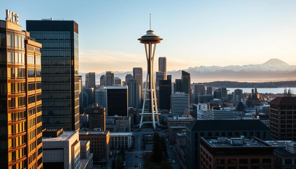 A sweeping cityscape of Seattle, with the iconic Space Needle standing tall at the center. The sleek, futuristic tower is bathed in the warm glow of the setting sun, casting long shadows across the bustling streets below. In the foreground, modern high-rises and glass-fronted office buildings hum with the energy of a thriving technology hub, while in the distance, the majestic Cascade mountains rise, their snow-capped peaks a serene counterpoint to the urban dynamism. The scene is captured through the lens of a wide-angle camera, emphasizing the scale and grandeur of the city, with a cinematic, cinematic feel that evokes the city's reputation as a hub of innovation and natural beauty. A sweeping cityscape of Seattle, with the iconic Space Needle standing tall at the center. The sleek, futuristic tower is bathed in the warm glow of the setting sun, casting long shadows across the bustling streets below. In the foreground, modern high-rises and glass-fronted office buildings hum with the energy of a thriving technology hub, while in the distance, the majestic Cascade mountains rise, their snow-capped peaks a serene counterpoint to the urban dynamism. The scene is captured through the lens of a wide-angle camera, emphasizing the scale and grandeur of the city, with a cinematic, cinematic feel that evokes the city's reputation as a hub of innovation and natural beauty.