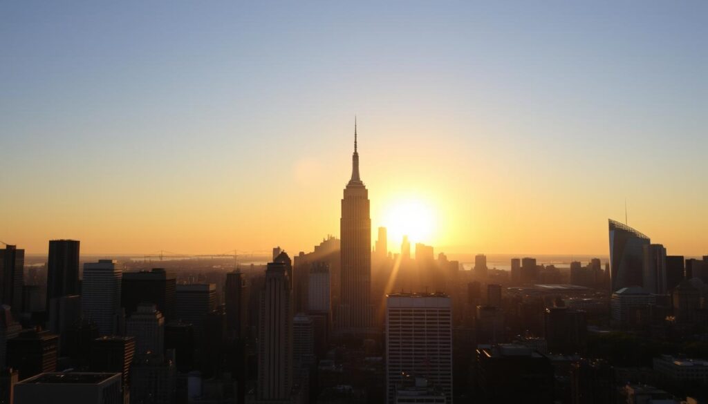 A sweeping panorama of the iconic New York City skyline, captured at golden hour. In the foreground, the silhouettes of skyscrapers pierce the dusky sky, their glass facades glimmering with the last rays of the sun. The middle ground is dominated by the towering spire of the Empire State Building, casting a long shadow across the urban landscape. In the distance, the sleek outlines of the One World Trade Center and other modern marvels rise up, creating a striking contrast against the historic brownstones and lush parks below. The scene is infused with a sense of energy and excitement, reflecting the vibrant, dynamic spirit of the city that never sleeps. A sweeping panorama of the iconic New York City skyline, captured at golden hour. In the foreground, the silhouettes of skyscrapers pierce the dusky sky, their glass facades glimmering with the last rays of the sun. The middle ground is dominated by the towering spire of the Empire State Building, casting a long shadow across the urban landscape. In the distance, the sleek outlines of the One World Trade Center and other modern marvels rise up, creating a striking contrast against the historic brownstones and lush parks below. The scene is infused with a sense of energy and excitement, reflecting the vibrant, dynamic spirit of the city that never sleeps.