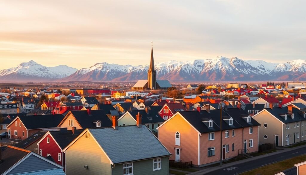 A sweeping panoramic view of Reykjavik's picturesque cityscape, bathed in the soft, golden glow of an Icelandic sunset. In the foreground, quaint, colorful houses with distinctive Scandinavian architecture line the streets, their roofs and siding reflecting the warm hues of the fading light. The middle ground is dominated by the iconic Hallgrímskirkja church, its striking modernist design reaching skyward, a testament to the city's blend of tradition and innovation. In the background, the rugged, snow-capped peaks of the surrounding mountains frame the scene, creating a breathtaking natural backdrop to this charming capital city. The overall atmosphere is one of tranquility and timeless beauty, capturing the essence of Reykjavik's captivating allure. A sweeping panoramic view of Reykjavik's picturesque cityscape, bathed in the soft, golden glow of an Icelandic sunset. In the foreground, quaint, colorful houses with distinctive Scandinavian architecture line the streets, their roofs and siding reflecting the warm hues of the fading light. The middle ground is dominated by the iconic Hallgrímskirkja church, its striking modernist design reaching skyward, a testament to the city's blend of tradition and innovation. In the background, the rugged, snow-capped peaks of the surrounding mountains frame the scene, creating a breathtaking natural backdrop to this charming capital city. The overall atmosphere is one of tranquility and timeless beauty, capturing the essence of Reykjavik's captivating allure.