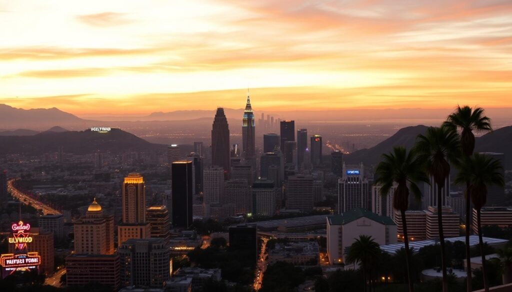 A sweeping panoramic view of the iconic Los Angeles cityscape, framed by the majestic Hollywood Hills. In the foreground, the neon-lit landmarks of Hollywood Boulevard stand tall, with the famous Hollywood sign visible in the distance. The middle ground is dominated by a sea of skyscrapers and high-rises, their glass facades reflecting the warm, golden light of the setting sun. In the background, the silhouettes of palm trees sway gently against a vibrant, hazy sky. The scene exudes an air of glamour, energy, and the quintessential California dream. A sweeping panoramic view of the iconic Los Angeles cityscape, framed by the majestic Hollywood Hills. In the foreground, the neon-lit landmarks of Hollywood Boulevard stand tall, with the famous Hollywood sign visible in the distance. The middle ground is dominated by a sea of skyscrapers and high-rises, their glass facades reflecting the warm, golden light of the setting sun. In the background, the silhouettes of palm trees sway gently against a vibrant, hazy sky. The scene exudes an air of glamour, energy, and the quintessential California dream.