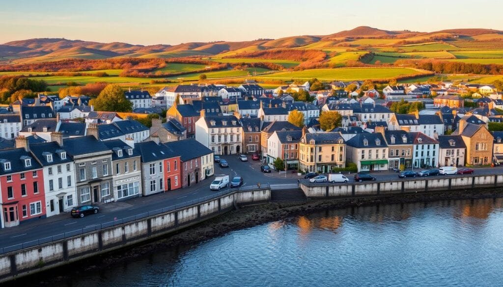 A sweeping vista of Galway City's charming hotel-dotted landscape, bathed in the soft golden glow of an evening sunset. In the foreground, elegant Georgian-style buildings with colorful facades line the banks of the River Corrib, their reflections rippling on the calm waters. The middle ground features a mix of traditional pubs, quaint B&Bs, and modern boutique hotels, nestled between cobblestone streets and lively public squares. In the background, the rolling hills of Connemara rise up, their verdant slopes and distant stone walls creating a picturesque pastoral backdrop. The scene exudes a warm, inviting atmosphere, capturing the essence of Galway's renowned hospitality and vibrant, historic character. A sweeping vista of Galway City's charming hotel-dotted landscape, bathed in the soft golden glow of an evening sunset. In the foreground, elegant Georgian-style buildings with colorful facades line the banks of the River Corrib, their reflections rippling on the calm waters. The middle ground features a mix of traditional pubs, quaint B&Bs, and modern boutique hotels, nestled between cobblestone streets and lively public squares. In the background, the rolling hills of Connemara rise up, their verdant slopes and distant stone walls creating a picturesque pastoral backdrop. The scene exudes a warm, inviting atmosphere, capturing the essence of Galway's renowned hospitality and vibrant, historic character.