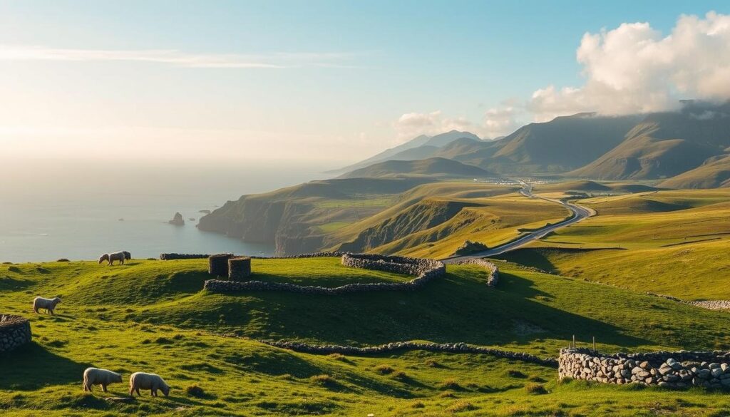 A sweeping vista of Ireland's iconic Ring of Kerry, captured under a soft, golden light. In the foreground, lush, rolling hills dotted with ancient stone walls and grazing sheep. The middle ground features a winding coastal road, flanked by dramatic cliffs plunging into the shimmering Atlantic Ocean. Towering, rugged mountains rise in the distance, their peaks kissed by wispy clouds. The scene exudes a sense of timeless tranquility, inviting the viewer to immerse themselves in the enchanting natural beauty of this legendary Irish landscape.