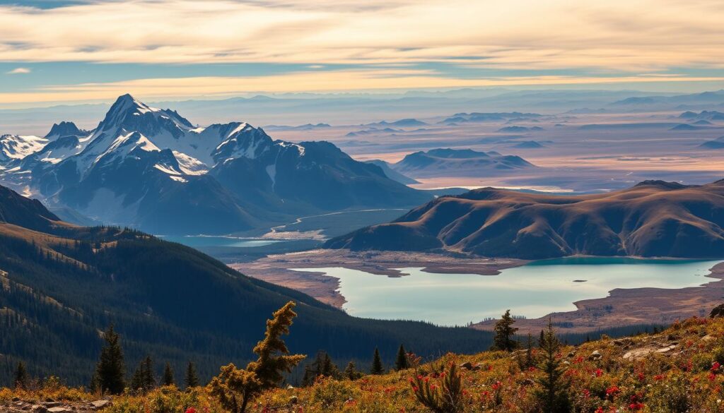 A sweeping vista of Patagonia's iconic natural landscapes. In the foreground, rugged, snow-capped mountains rise majestically, their peaks piercing the azure sky. In the middle ground, pristine glacial lakes reflect the surrounding peaks and dense, evergreen forests. The background features a dramatic, windswept landscape of rolling hills and vast, open plains, dotted with wildflowers and native flora. The scene is bathed in warm, golden light, creating a sense of tranquility and wonder. Captured with a wide-angle lens, this image conveys the sheer scale and raw, untamed beauty of Patagonia's breathtaking natural wonders.