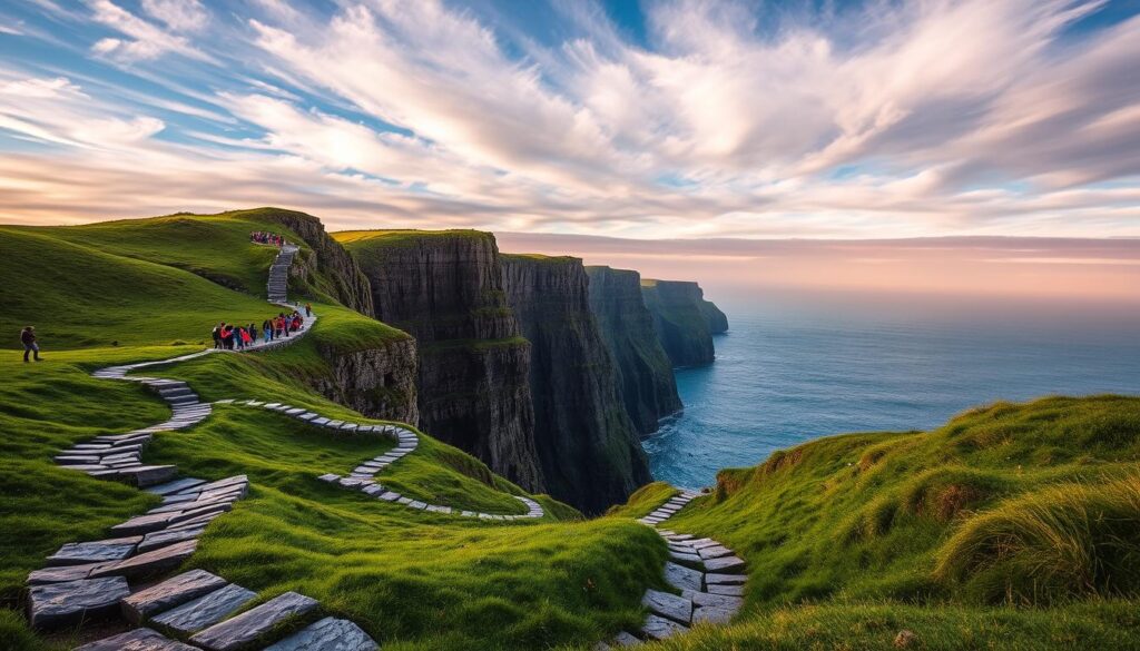 A sweeping vista of the majestic Cliffs of Moher in Ireland, bathed in the warm glow of the setting sun. In the foreground, weathered stone paths wind through lush green hills, leading visitors to awe-inspiring viewpoints. The towering cliffs, sculpted by centuries of wind and waves, rise dramatically against a dramatic sky filled with wispy clouds. In the middle ground, groups of tourists can be seen exploring the clifftops, taking in the breathtaking panorama. The background features the vast expanse of the Atlantic Ocean, its blue-green waters crashing against the base of the cliffs. The scene exudes a sense of tranquility and wonder, capturing the essence of this beloved natural wonder.