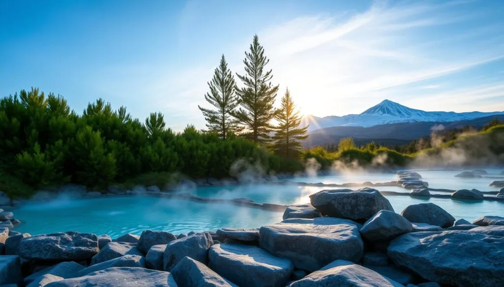 A tranquil scene of the Termas de Chillán Hot Springs nestled in the picturesque Andes mountains of Argentina. In the foreground, steaming geothermal pools of turquoise water are surrounded by smooth, gray rocks. Lush, verdant vegetation, including towering pine trees, forms the middle ground, creating a serene and calming atmosphere. In the background, snow-capped peaks pierce the azure sky, bathed in warm, golden light from the setting sun. The scene conveys a sense of relaxation and rejuvenation, perfectly capturing the essence of this natural wonder.