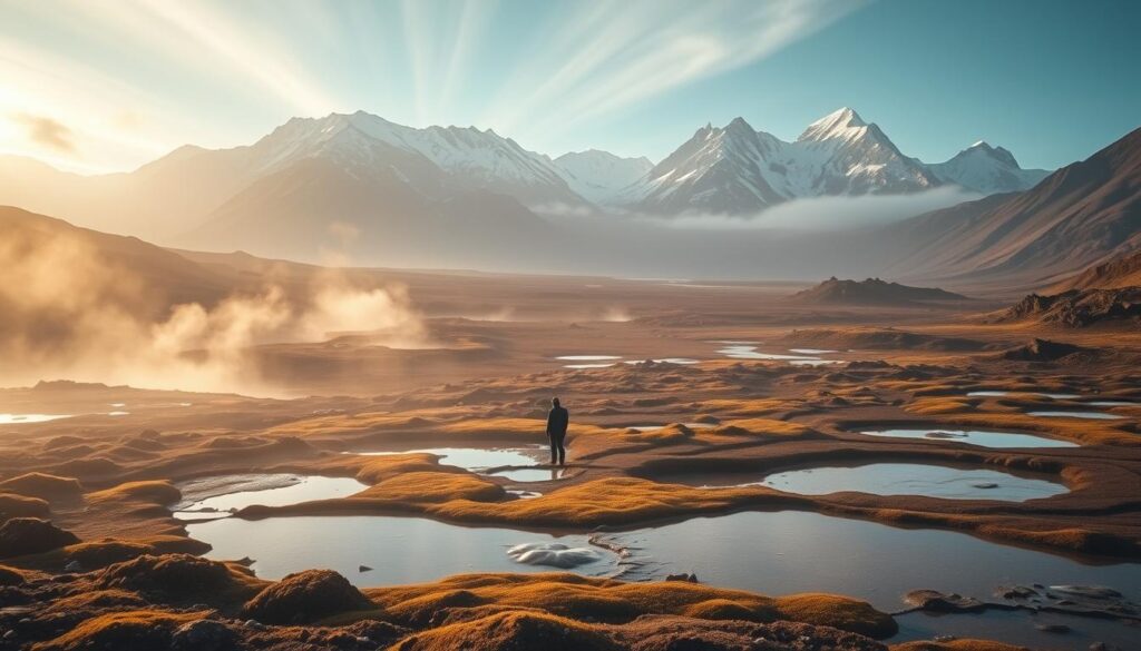A vast, otherworldly landscape of Haukadalur, Iceland. In the foreground, steaming geothermal vents and bubbling mud pools dot the rugged, moss-covered terrain. Towering, snow-capped mountains rise in the distance, their peaks piercing the ethereal mist. Shafts of warm, golden light filter through the atmospheric haze, casting a serene, almost mystical glow over the scene. The air is thick with the earthy, sulfurous scent of the active geothermal system. A wide-angle, cinematic perspective captures the scale and grandeur of this unique, geologically active valley, inviting the viewer to experience the raw power and mesmerizing beauty of Iceland's volcanic heartland.