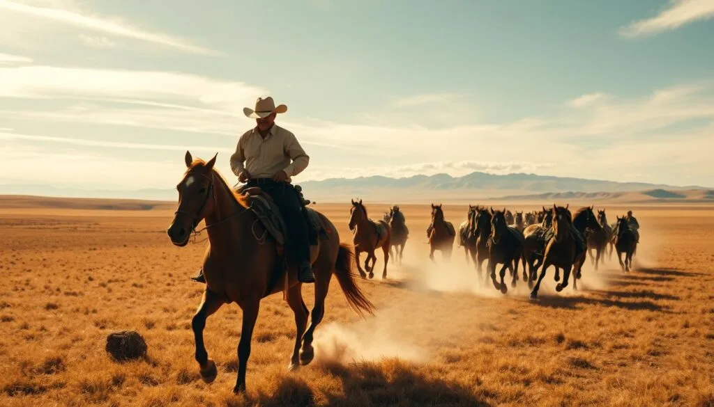 A vast, sun-drenched expanse of the Argentine Pampas, where weathered gauchos astride their spirited horses ride across the undulating grasslands. In the foreground, a skilled rider expertly maneuvers his steed, his traditional attire of a loose-fitting shirt, bombachas, and a wide-brimmed hat capturing the essence of this rugged, time-honored way of life. In the middle ground, a herd of horses gallop freely, their powerful movements kicking up clouds of dust against a backdrop of distant rolling hills. Warm, golden light filters through wispy clouds, casting a soft, atmospheric glow over the scene and evoking a sense of timelessness. Capture the spirit of the Argentine cowboy culture in this cinematic, wide-angle depiction of the Pampas landscape.