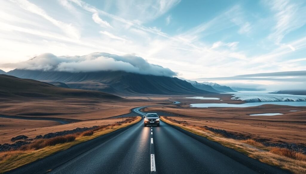 A vast, winding road cuts through a dramatic Icelandic landscape, flanked by towering mountains, rolling hills, and shimmering glacial lakes. The sky is painted in soft hues of blue and gray, with wispy clouds drifting overhead. In the foreground, a lone car navigates the scenic route, its headlights cutting through the mist. The scene captures the essence of the Iceland Ring Road, a breathtaking journey through some of the country's most stunning natural wonders. Captured with a wide-angle lens, the image conveys a sense of grandeur and solitude, inviting the viewer to embark on their own Icelandic adventure.