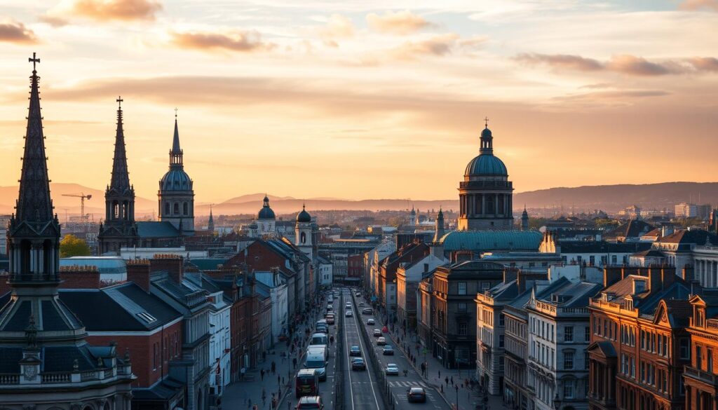 A vibrant cityscape of Dublin, Ireland, captured under a golden evening sky. In the foreground, the iconic spires and domes of landmarks like St. Patrick's Cathedral and Christ Church Cathedral rise majestically, their intricate architecture bathed in warm, soft light. The middle ground showcases the bustling streets and charming Georgian architecture of the city center, with pedestrians and vehicles adding a sense of energy and life. In the background, the rolling hills and distant mountains create a picturesque backdrop, hinting at the natural beauty that surrounds this vibrant urban center. The scene is rendered with a cinematic, realistic aesthetic, using a wide-angle lens to capture the grand scale and dynamism of the Dublin city skyline.