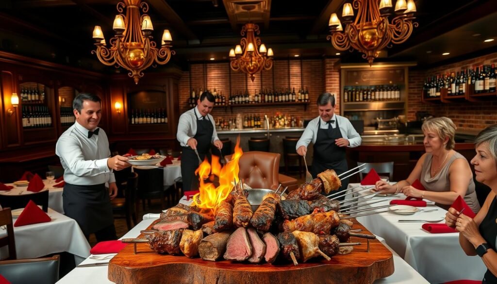 A vibrant, dimly-lit Brazilian steakhouse interior, with rich mahogany furniture, ornate chandeliers, and white tablecloths adorned with red napkins. In the foreground, a large wooden carving board piled high with succulent, flame-grilled meats, sizzling and dripping with juices. Waiters in crisp white shirts and black aprons gracefully navigate the scene, serving skewers of tender beef, pork, and lamb to patrons seated around the table, their faces alight with anticipation. The background features a wall of exposed brick, shelves displaying bottles of premium Brazilian wines, and a distant open kitchen where chefs skillfully tend to the wood-fired grills. The overall atmosphere is one of indulgence, conviviality, and the celebration of the Brazilian churrasco tradition. A vibrant, dimly-lit Brazilian steakhouse interior, with rich mahogany furniture, ornate chandeliers, and white tablecloths adorned with red napkins. In the foreground, a large wooden carving board piled high with succulent, flame-grilled meats, sizzling and dripping with juices. Waiters in crisp white shirts and black aprons gracefully navigate the scene, serving skewers of tender beef, pork, and lamb to patrons seated around the table, their faces alight with anticipation. The background features a wall of exposed brick, shelves displaying bottles of premium Brazilian wines, and a distant open kitchen where chefs skillfully tend to the wood-fired grills. The overall atmosphere is one of indulgence, conviviality, and the celebration of the Brazilian churrasco tradition.