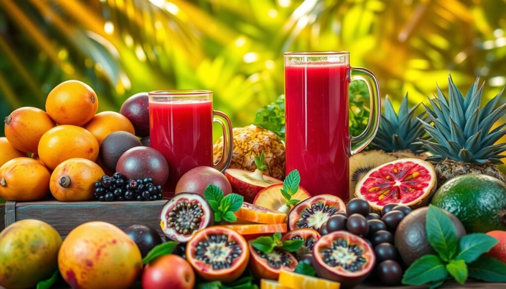 A vibrant display of Brazilian exotic fruits and fresh juices fills the frame. In the foreground, a lush arrangement of mangoes, passion fruits, acai berries, and guavas overflows a rustic wooden crate. Shafts of warm, golden light filter through the scene, casting a soft, inviting glow. In the middle ground, a glass pitcher brims with a vibrant, ruby-red juice, its surface gently rippling. Surrounding this, an array of freshly sliced fruits and herbs, including pineapple, kiwi, and mint, are arranged artfully. The background features a backdrop of verdant, tropical foliage, hinting at the lush, verdant landscapes of Brazil. The overall mood is one of abundance, freshness, and the celebration of Brazil's bountiful natural resources. A vibrant display of Brazilian exotic fruits and fresh juices fills the frame. In the foreground, a lush arrangement of mangoes, passion fruits, acai berries, and guavas overflows a rustic wooden crate. Shafts of warm, golden light filter through the scene, casting a soft, inviting glow. In the middle ground, a glass pitcher brims with a vibrant, ruby-red juice, its surface gently rippling. Surrounding this, an array of freshly sliced fruits and herbs, including pineapple, kiwi, and mint, are arranged artfully. The background features a backdrop of verdant, tropical foliage, hinting at the lush, verdant landscapes of Brazil. The overall mood is one of abundance, freshness, and the celebration of Brazil's bountiful natural resources.
