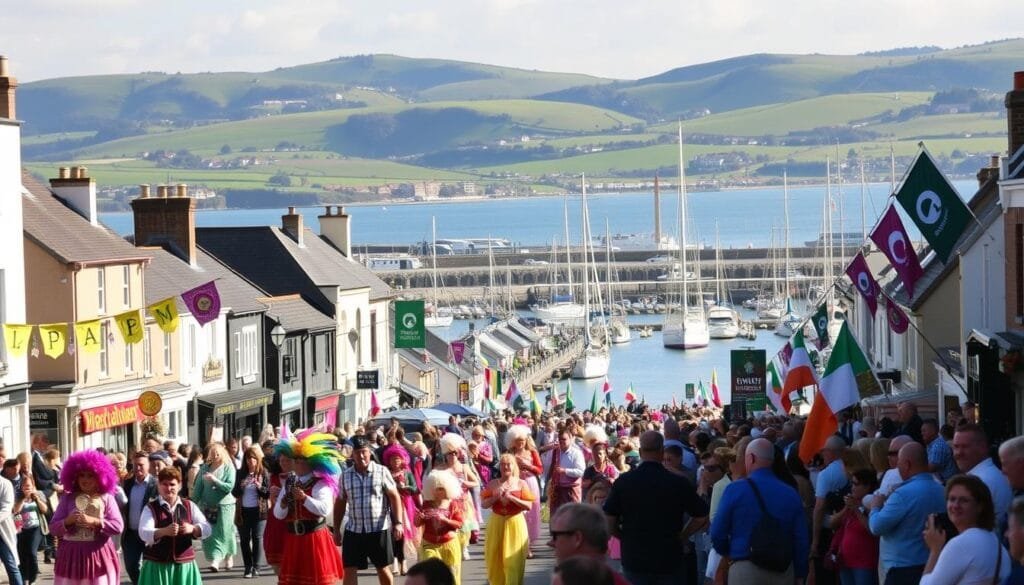 A vibrant scene of Kinsale's annual festival celebration unfolds. In the foreground, a lively parade with colorful costumed performers, musicians playing traditional Irish instruments, and cheerful crowds lining the streets. In the middle ground, charming historic buildings adorned with festive banners and flags fluttering in the gentle breeze. The background showcases the picturesque harbor, with sailboats bobbing on the tranquil waters and the rolling green hills of the Irish countryside beyond. Warm, golden lighting bathes the entire scene, creating a joyous, celebratory atmosphere that perfectly captures the spirit of Kinsale's local festivals. A vibrant scene of Kinsale's annual festival celebration unfolds. In the foreground, a lively parade with colorful costumed performers, musicians playing traditional Irish instruments, and cheerful crowds lining the streets. In the middle ground, charming historic buildings adorned with festive banners and flags fluttering in the gentle breeze. The background showcases the picturesque harbor, with sailboats bobbing on the tranquil waters and the rolling green hills of the Irish countryside beyond. Warm, golden lighting bathes the entire scene, creating a joyous, celebratory atmosphere that perfectly captures the spirit of Kinsale's local festivals.