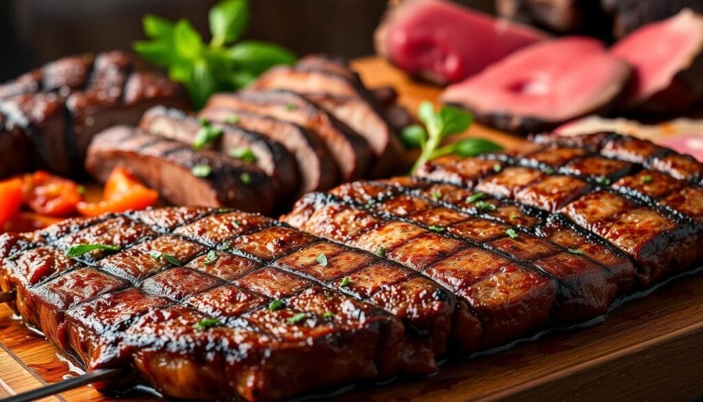 A vibrant spread of regional Brazilian steak variations, captured in a high-resolution, realistic style. In the foreground, succulent grilled picanha steak sizzles with a perfect char, accompanied by chimichurri sauce. The middle ground showcases thin, tender slices of carne de sol, air-dried beef from the Northeast. In the background, a juicy, flame-kissed cupim, or hump of the Nelore cattle, rests on a wooden board. Warm, diffused lighting illuminates the scene, highlighting the rich textures and natural colors of the meats. The overall composition conveys the diversity and depth of Brazilian steak culture, inviting the viewer to explore these distinctive regional specialties. A vibrant spread of regional Brazilian steak variations, captured in a high-resolution, realistic style. In the foreground, succulent grilled picanha steak sizzles with a perfect char, accompanied by chimichurri sauce. The middle ground showcases thin, tender slices of carne de sol, air-dried beef from the Northeast. In the background, a juicy, flame-kissed cupim, or hump of the Nelore cattle, rests on a wooden board. Warm, diffused lighting illuminates the scene, highlighting the rich textures and natural colors of the meats. The overall composition conveys the diversity and depth of Brazilian steak culture, inviting the viewer to explore these distinctive regional specialties.
