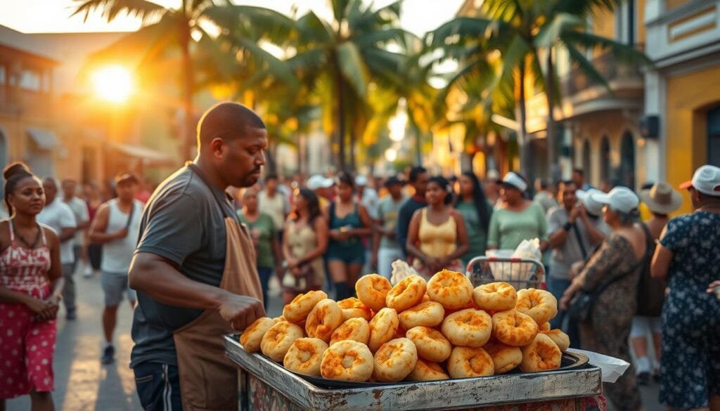 A vibrant street scene in Salvador, Bahia, Brazil. In the foreground, a vendor stands behind a small cart, expertly frying fluffy, golden-brown acarajé - round fritters made from peeled and crushed black-eyed peas, seasoned with shrimp, onions, and spices. The middle ground is bustling with locals and tourists alike, eagerly waiting to purchase this iconic Brazilian street food. In the background, colorful buildings and palm trees create a lively, tropical atmosphere, illuminated by warm, golden sunlight filtering through the scene. The image conveys the energy and deliciousness of this beloved Brazilian delicacy. A vibrant street scene in Salvador, Bahia, Brazil. In the foreground, a vendor stands behind a small cart, expertly frying fluffy, golden-brown acarajé - round fritters made from peeled and crushed black-eyed peas, seasoned with shrimp, onions, and spices. The middle ground is bustling with locals and tourists alike, eagerly waiting to purchase this iconic Brazilian street food. In the background, colorful buildings and palm trees create a lively, tropical atmosphere, illuminated by warm, golden sunlight filtering through the scene. The image conveys the energy and deliciousness of this beloved Brazilian delicacy.
