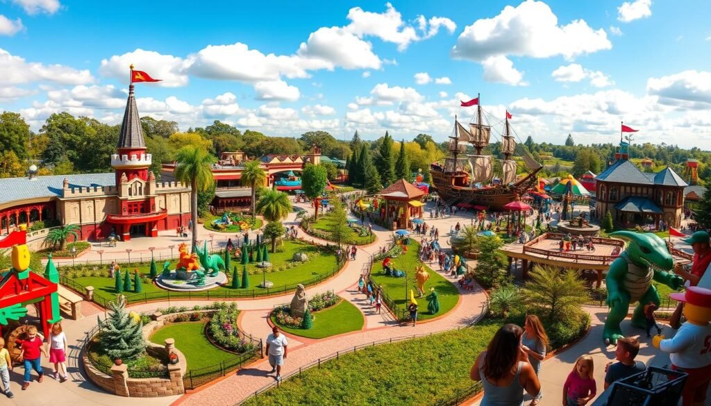 A vibrant, sun-drenched scene of Legoland California Family Theme Park. In the foreground, a colorful assortment of Lego sculptures and attractions, including a towering castle, pirate ship, and dinosaur exhibit. Families explore the park, their faces alight with wonder and excitement. The middle ground features lush greenery, winding pathways, and whimsical Lego structures. In the background, a clear blue sky dotted with fluffy white clouds, creating a picturesque and inviting atmosphere. The entire scene is captured with a wide-angle lens, conveying a sense of scale and adventure. Warm, diffused lighting illuminates the park, casting a magical glow over the entire landscape. An enchanting, family-friendly oasis, where the boundless creativity of Lego meets the thrill of a premier theme park. A vibrant, sun-drenched scene of Legoland California Family Theme Park. In the foreground, a colorful assortment of Lego sculptures and attractions, including a towering castle, pirate ship, and dinosaur exhibit. Families explore the park, their faces alight with wonder and excitement. The middle ground features lush greenery, winding pathways, and whimsical Lego structures. In the background, a clear blue sky dotted with fluffy white clouds, creating a picturesque and inviting atmosphere. The entire scene is captured with a wide-angle lens, conveying a sense of scale and adventure. Warm, diffused lighting illuminates the park, casting a magical glow over the entire landscape. An enchanting, family-friendly oasis, where the boundless creativity of Lego meets the thrill of a premier theme park.