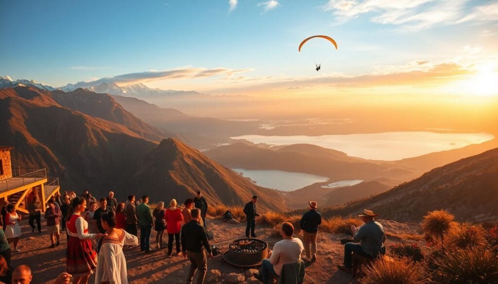 Argentina Seasonal Activities A breathtaking panoramic view of Argentina's diverse landscapes, capturing the essence of its seasonal activities. In the foreground, locals engage in vibrant festivities - dancers in traditional attire sway to the rhythm of live music, while families gather for a traditional asado (barbecue) under the warm glow of the sun. In the middle ground, hikers traverse rugged mountain trails, their silhouettes framed against the snow-capped peaks. In the distance, a crystalline lake reflects the changing hues of the sky, as paragliders soar gracefully overhead. The scene is bathed in a soft, golden light, conveying a sense of warmth, adventure, and cultural richness that embodies the best time to visit Argentina throughout the seasons. Argentina Seasonal Activities A breathtaking panoramic view of Argentina's diverse landscapes, capturing the essence of its seasonal activities. In the foreground, locals engage in vibrant festivities - dancers in traditional attire sway to the rhythm of live music, while families gather for a traditional asado (barbecue) under the warm glow of the sun. In the middle ground, hikers traverse rugged mountain trails, their silhouettes framed against the snow-capped peaks. In the distance, a crystalline lake reflects the changing hues of the sky, as paragliders soar gracefully overhead. The scene is bathed in a soft, golden light, conveying a sense of warmth, adventure, and cultural richness that embodies the best time to visit Argentina throughout the seasons.