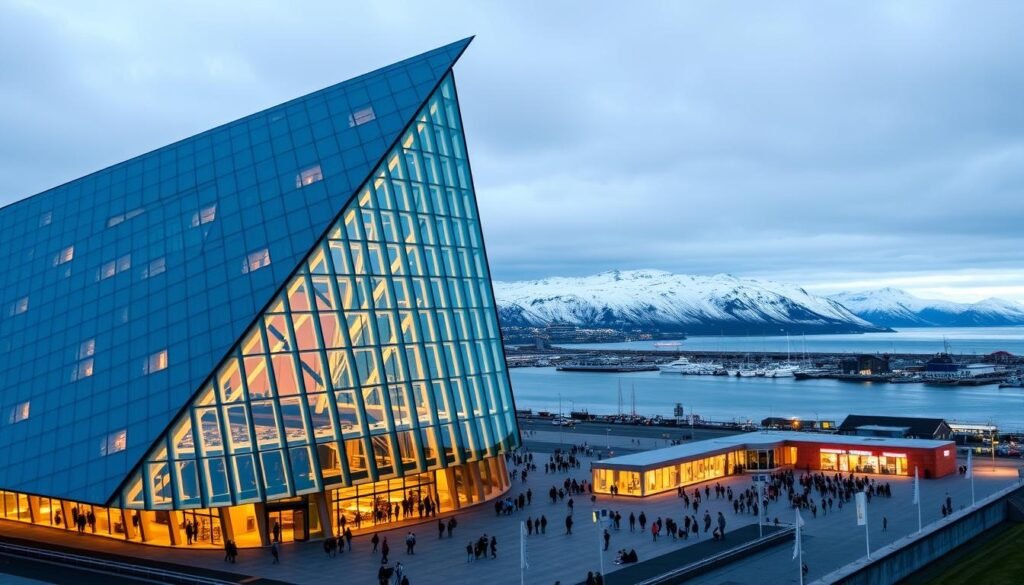 Harpa Concert Hall, a stunning architectural masterpiece set against the backdrop of Reykjavik's harbor. Capture the building's striking geometric facade, with its glass panels reflecting the ever-changing light of the Icelandic sky. Showcase the grand, angular silhouette of the concert hall, its LED-illuminated exterior casting a warm, inviting glow in the foreground. In the middle ground, depict the bustling plaza and surrounding public spaces, filled with people enjoying the vibrant cultural atmosphere. In the distance, frame the picturesque Icelandic landscape, with snow-capped mountains and the serene waters of the harbor creating a breathtaking tableau. Render this scene with a sense of tranquility and wonder, capturing the essence of Harpa's role as a cultural hub in the heart of Reykjavik. Harpa Concert Hall, a stunning architectural masterpiece set against the backdrop of Reykjavik's harbor. Capture the building's striking geometric facade, with its glass panels reflecting the ever-changing light of the Icelandic sky. Showcase the grand, angular silhouette of the concert hall, its LED-illuminated exterior casting a warm, inviting glow in the foreground. In the middle ground, depict the bustling plaza and surrounding public spaces, filled with people enjoying the vibrant cultural atmosphere. In the distance, frame the picturesque Icelandic landscape, with snow-capped mountains and the serene waters of the harbor creating a breathtaking tableau. Render this scene with a sense of tranquility and wonder, capturing the essence of Harpa's role as a cultural hub in the heart of Reykjavik.