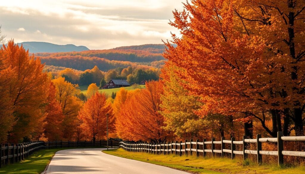 Lush, vibrant foliage in shades of gold, crimson, and amber cascades across a picturesque New England landscape. A winding country road cuts through the heart of the scene, flanked by towering maple trees and quaint wooden fences. In the distance, rolling hills dotted with historic farmhouses and weathered barns paint a quintessential autumn tableau. Soft, diffused sunlight filters through wispy clouds, casting a warm, golden glow over the entire vista. The crisp, clean air and the tranquil, serene atmosphere invite the viewer to immerse themselves in the quintessential New England fall experience.
