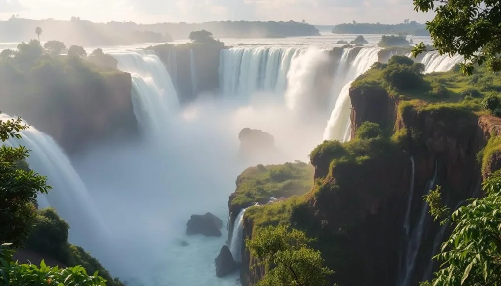 Majestic Iguazu Falls cascading over lush, verdant cliffs in Argentina's Misiones province. Powerful torrents of water plunge down multiple tiers, creating a magnificent display of nature's raw power. Lush, tropical foliage frames the scene, with sunlight filtering through the mist, casting a warm, golden glow. The viewpoint showcases the sheer scale and grandeur of this UNESCO World Heritage site, inviting the viewer to immerse themselves in the breathtaking spectacle. Dramatic rock formations and misty, ethereal atmosphere evoke a sense of timeless wonder and awe.