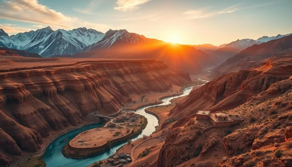 Majestic mountains reach skyward, their snow-capped peaks bathed in golden light as the sun dips below the horizon. Rugged canyons and ravines carve through the arid landscape, casting dramatic shadows across the ochre-hued earth. In the foreground, a winding river snakes through the valley, its turquoise waters reflecting the vibrant hues of the surrounding vegetation. Dotting the scene, traditional adobe houses and adobe villages nestle amidst the dramatic terrain, a testament to the resilience and ingenuity of the local people. Warm, muted tones and a sense of timeless tranquility permeate the air, inviting the viewer to immerse themselves in the captivating beauty of Northwest Argentina.