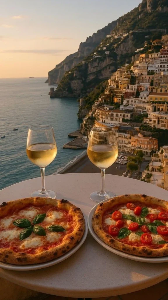 Two pizzas and glasses of white wine placed on a table with a breathtaking coastal view in the background.
