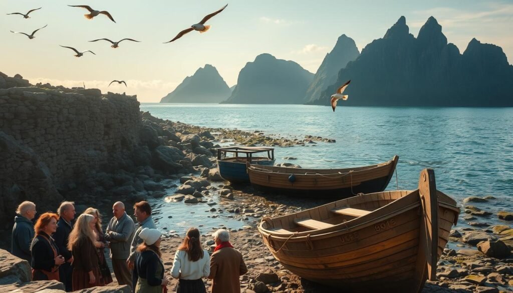 Skellig Islands Cultural Experience: A mystical cove, sun-dappled waves lapping against ancient stone walls. In the foreground, a group of locals in traditional garb gather, engaged in lively conversation and laughter. Their faces etched with the weathered wisdom of generations. Seabirds soar overhead, their cries mingling with the salty sea breeze. In the middle ground, a weathered wooden boat rests upon the shore, its hull bearing the scars of countless voyages. Beyond, the iconic jagged peaks of the Skellig Islands rise majestically, their rugged silhouettes reflected in the tranquil waters. Soft, warm lighting bathes the scene, evoking a sense of timelessness and cultural heritage. A captivating portrait of the Skellig Islands' vibrant, enduring spirit. Skellig Islands Cultural Experience: A mystical cove, sun-dappled waves lapping against ancient stone walls. In the foreground, a group of locals in traditional garb gather, engaged in lively conversation and laughter. Their faces etched with the weathered wisdom of generations. Seabirds soar overhead, their cries mingling with the salty sea breeze. In the middle ground, a weathered wooden boat rests upon the shore, its hull bearing the scars of countless voyages. Beyond, the iconic jagged peaks of the Skellig Islands rise majestically, their rugged silhouettes reflected in the tranquil waters. Soft, warm lighting bathes the scene, evoking a sense of timelessness and cultural heritage. A captivating portrait of the Skellig Islands' vibrant, enduring spirit.