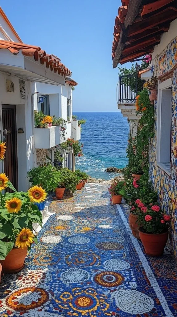 A charming cobblestone pathway adorned with colorful mosaics and potted flowers, leading towards the sea.