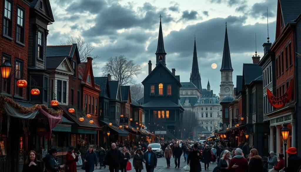 a highly detailed, photorealistic scene of the historic town of Salem, Massachusetts during the Halloween season, showcasing its iconic attractions and spooky atmosphere. In the foreground, a bustling street lined with Victorian-era buildings, decorated with jack-o'-lanterns, cobwebs, and eerie lighting. Crowds of costumed revelers stroll the sidewalks, creating a lively and festive mood. In the middle ground, the silhouette of the Witch House, a famous landmark associated with the Salem Witch Trials, looms against a cloudy, moonlit sky. In the background, the tall spires of the Peabody Essex Museum and other historic structures stand tall, casting long shadows across the scene. The entire landscape is bathed in an autumnal palette of oranges, reds, and deep shadows, evoking the spirit of Halloween and the rich history of this iconic New England town.