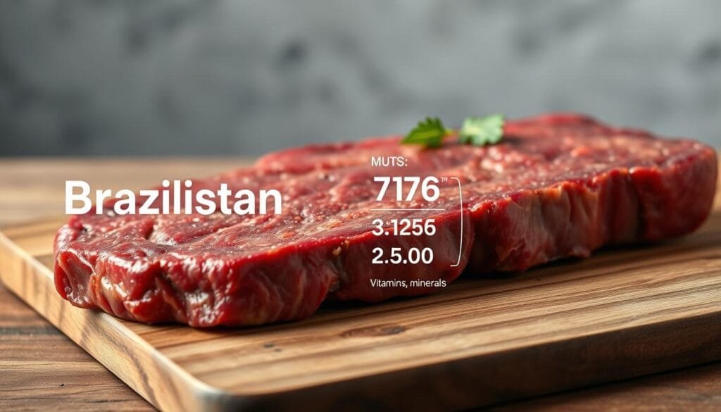 a hyper-realistic still life image of a Brazilian steak with nutritional information displayed in a clean, minimalist layout. The steak is placed on a wooden surface, with a neutral background. The lighting is soft and natural, highlighting the texture and colors of the meat. The nutritional information is presented in a clear, readable font, displaying the key macronutrients, vitamins, and minerals. The overall composition is balanced and visually appealing, conveying the health benefits of the Brazilian steak in an informative and appetizing manner. a hyper-realistic still life image of a Brazilian steak with nutritional information displayed in a clean, minimalist layout. The steak is placed on a wooden surface, with a neutral background. The lighting is soft and natural, highlighting the texture and colors of the meat. The nutritional information is presented in a clear, readable font, displaying the key macronutrients, vitamins, and minerals. The overall composition is balanced and visually appealing, conveying the health benefits of the Brazilian steak in an informative and appetizing manner.