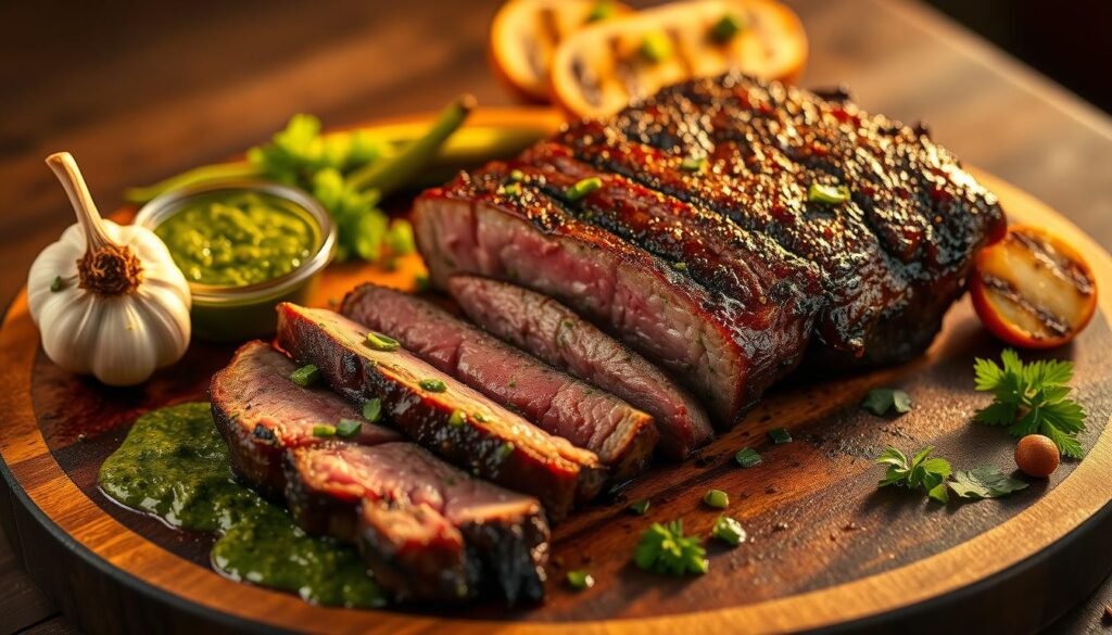 a juicy, perfectly grilled Brazilian churrasco steak, sizzling on a rustic wood platter, surrounded by vibrant green chimichurri sauce, roasted garlic, and a medley of grilled vegetables. The scene is illuminated by warm, golden lighting, casting a cozy, inviting atmosphere. The steak is sliced to reveal its tender, pink interior, evoking the tradition and craftsmanship of Brazilian barbecue. The composition captures the essence of the "Introduction to Brazilian Steak" section, showcasing the essence of this iconic dish. a juicy, perfectly grilled Brazilian churrasco steak, sizzling on a rustic wood platter, surrounded by vibrant green chimichurri sauce, roasted garlic, and a medley of grilled vegetables. The scene is illuminated by warm, golden lighting, casting a cozy, inviting atmosphere. The steak is sliced to reveal its tender, pink interior, evoking the tradition and craftsmanship of Brazilian barbecue. The composition captures the essence of the "Introduction to Brazilian Steak" section, showcasing the essence of this iconic dish.