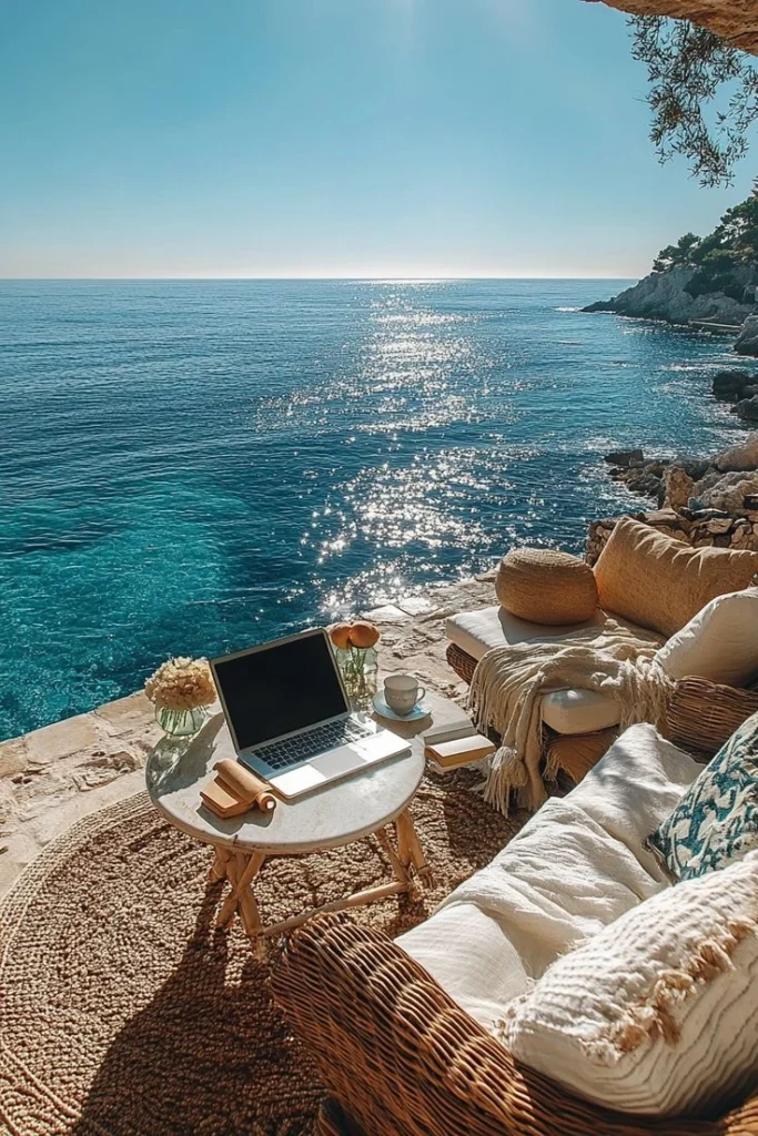 A cozy wicker chair and table with a laptop, overlooking a serene ocean.