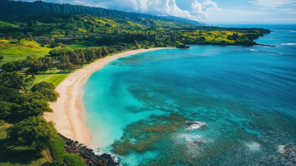 A breathtaking coastal landscape with affordable beach resorts nestled along the shoreline. The foreground features a pristine sandy beach, gentle waves lapping at the shore, and palm trees swaying in a light sea breeze. In the middle ground, a collection of modest but well-maintained resort buildings, each with a unique architectural style, create a charming, unpretentious atmosphere. The background showcases a vibrant blue sky dotted with fluffy clouds, and distant mountains or cliffs, conveying a sense of tranquility and natural beauty. The lighting is warm and golden, capturing the essence of a perfect day at the beach. Shoot with a wide-angle lens to encompass the full scope of the scene, creating a welcoming and inviting image that evokes the affordable yet captivating allure of these coastal retreats.