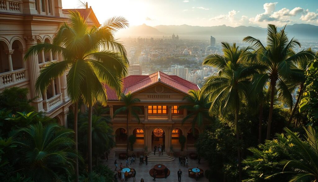 A lush, tropical landscape with swaying palm trees and vibrant foliage sets the scene for a charming, family-friendly hotel in Brazil. In the foreground, a welcoming entrance invites guests to explore, flanked by colorful flower beds and a tranquil water feature. The middle ground showcases a spacious, open-air lobby with cozy seating areas and warm, natural lighting filtering through large windows. Families mingle and children play in the background, where an outdoor pool and recreation areas are visible, creating a sense of relaxation and adventure. The overall atmosphere evokes the vibrant, cultural essence of Brazil, blending modern amenities with a serene, eco-friendly ambiance. hotels in brazil south america