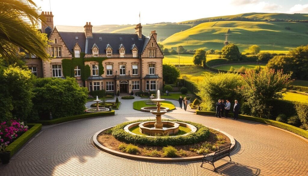 A grand, opulent hotel façade in Galway, Ireland, bathed in warm evening light. The stately, limestone building features elegant arched windows, ornate stone carvings, and a grand, columned entryway. Lush, manicured gardens and a paved driveway lead up to the hotel's entrance. Luxurious cars are parked out front, conveying a sense of sophisticated hospitality. The scene exudes an air of refined elegance and old-world charm, perfectly capturing the essence of the top hotels in this historic, coastal city. hotels in galway ireland