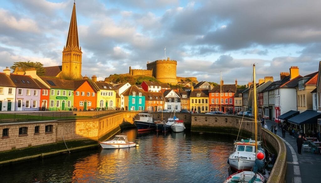A picturesque harbor town nestled along the Irish coast, Kinsale Harbor offers a stunning vista. In the foreground, colorful fishing boats and yachts bob gently in the calm waters, their reflections dancing on the surface. The middle ground reveals the charming, historic town with its quaint houses, cobblestone streets, and old stone walls. In the background, rolling green hills and cliffs rise majestically, framing the scene. Warm, golden sunlight filters through wispy clouds, casting a soft, ethereal glow over the entire landscape. A wide-angle lens captures the expansive, panoramic view, showcasing the harmonious blend of land, sea, and sky that makes Kinsale Harbor a true gem of the Emerald Isle. kinsale ireland