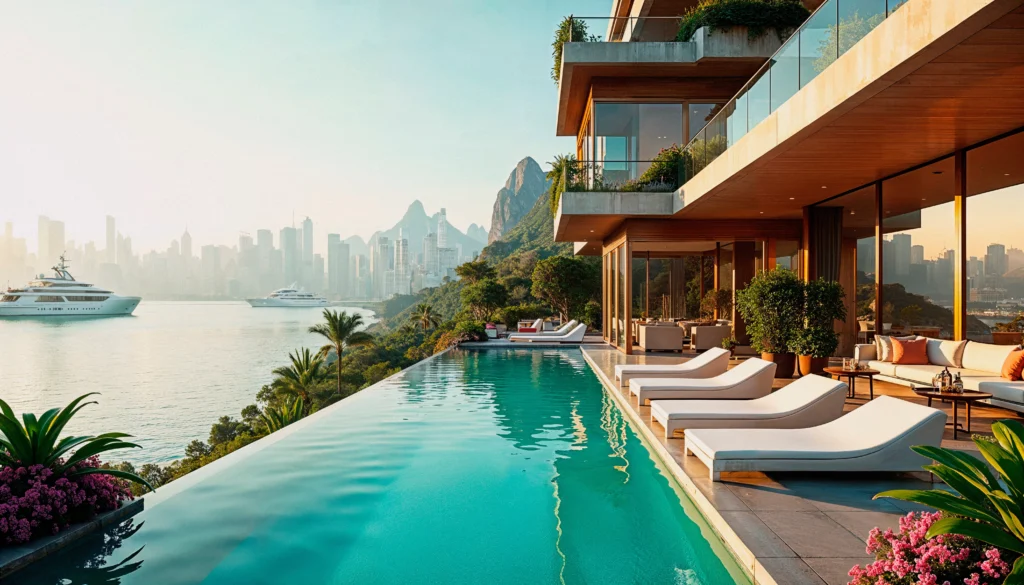 A serene beach resort nestled along the picturesque American coastline. Towering palm trees sway gently in the warm breeze, casting soft shadows on the pristine white sand. In the distance, crystal-clear turquoise waters shimmer under the golden hour sun, inviting visitors to bask in the luxurious tranquility. A grand, Mediterranean-style hotel stands majestically, its terracotta-tiled roof and ornate balconies evoking a sense of old-world charm. Lush, manicured gardens surround the property, dotted with fragrant flowers and winding pathways. Guests lounge on plush lounge chairs, sipping refreshing cocktails and gazing out at the breathtaking ocean view. This is the epitome of a lavish coastal getaway, a true haven for those seeking a luxurious and relaxing vacation. best beach resorts in usa