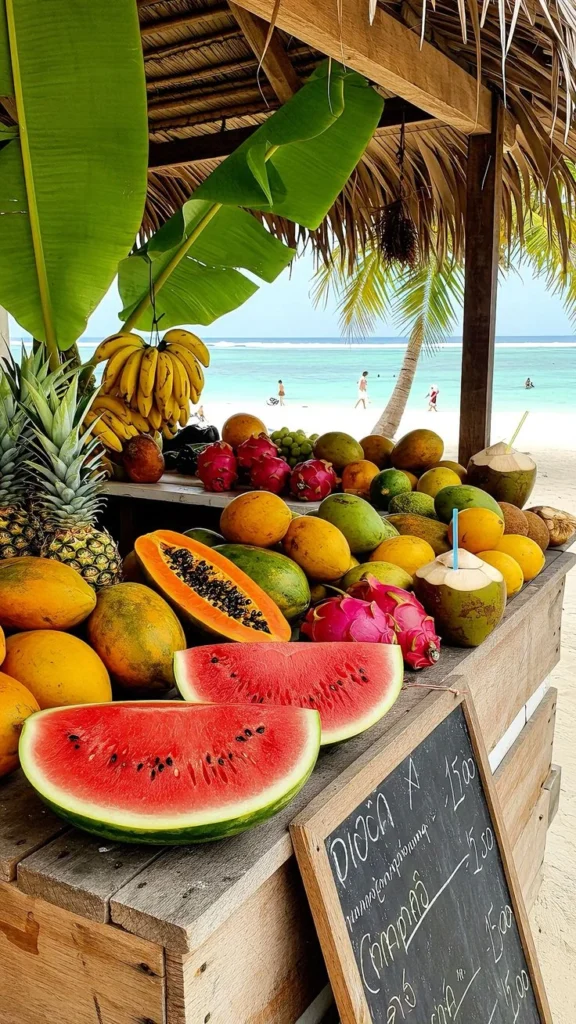 A vibrant fruit stand filled with fresh tropical fruits near the beach.