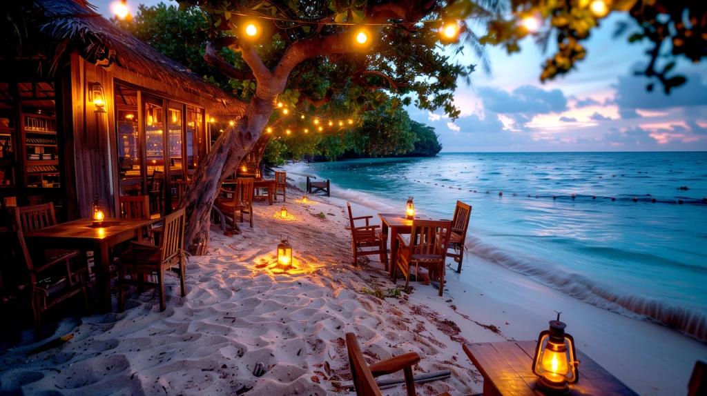 A secluded beach villa nestled amidst lush palm trees, overlooking the crystalline waters of a private cove. Soft natural light filters through the open-air balcony, casting a romantic glow across the plush bedding and minimalist decor. In the foreground, a couple embraces on the terrace, sipping chilled champagne and gazing out at the mesmerizing sunset over the tranquil ocean. The background is hazy with a sense of serenity, the only sounds the gentle lapping of waves and the distant call of seabirds. An oasis of luxury and intimacy, this coastal getaway exudes an air of blissful seclusion, perfect for a couple's romantic escape.